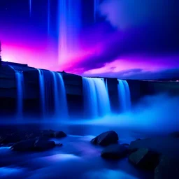 водопад идущий с облаков фиолетового цвета, ночь, синий пар от воды