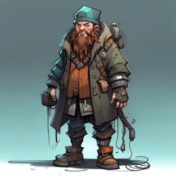 street cyperpunk dwarf with cybernetic legs, dressed with a coat and beanie