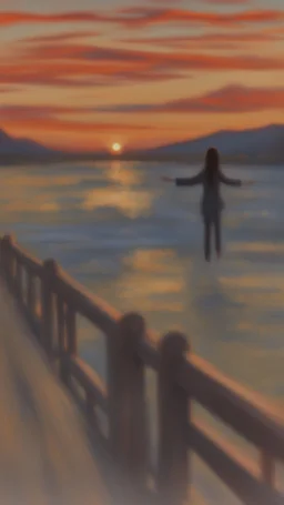 portrait on a bridge at sunset, a more intense "scream" that looks like the original painting by Edvard Munch, bokeh like, down-light, unreal engine, prize winning