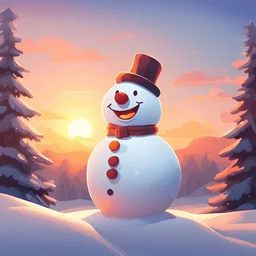 a smiling snowman, serene and peaceful sunset background, soft sunlight, beautiful flat style 2d art