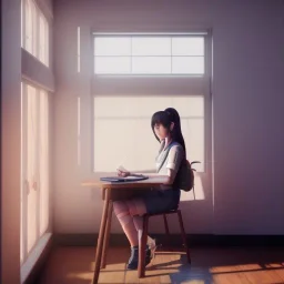 female student studying by the window, anime style,perfect face, cool face, unreal engine 5, cinema4d, sun light, studio lighting --ar 1:1 --v 4