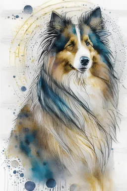 Abstract wet watercolour of a rough collie, ink lines, interlinked circles,detailed focus on eyes