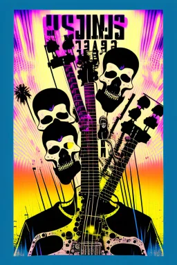 upclose tshirt print of a band,text on print - "Mashup", cool and trendy mix between modern music and 90s funk, selective colors, skeleton shadow figures jamming in the sunset, drums, guitars, fluits, chaotic