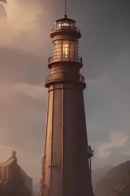 A lighthouse rises from a mountain, Steampunk style, hyperrealistic Photo, dramatisch light