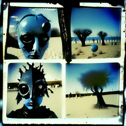 foto close-up polaroid surreale di persone con maschera e occhi grandi, wasteland, banco e nero, dettagli della pelle e dei vestiti molto accentuati, misterioso, cielo blu, macabro, street, aria aperta, albero secco, fiotti di liquido nero fuoriescono, Max Ernst style, strangeness, sundial light, intricate, hypnotic, obsessive, 8k, deep 3d field, very accentuated details of the dress and skin, eerily mysterious, artistic photo, shot on Hasselblad