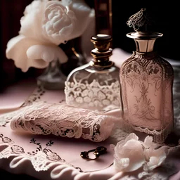 generate me an aesthetic photo of perfumes for Perfume Bottles with Vintage Lace Tablecloth