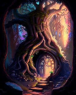 tree entryway to a mushroom dungeon at dawn fantasy rpg painterly art