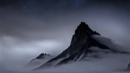 looking up at misty foreground and night sky background, no sun, single sharp narrow mountain peak coming through the mist in the center