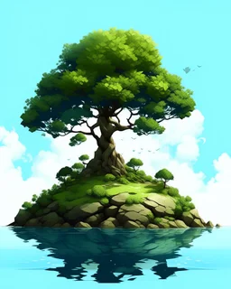 A digital illustration of a tree on a small island