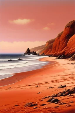 A light rosy orange colored beach near cliffs painted by Frank Wilson