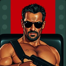 muscular Hans Gruber from the movie Die Hard, dark sunglasses