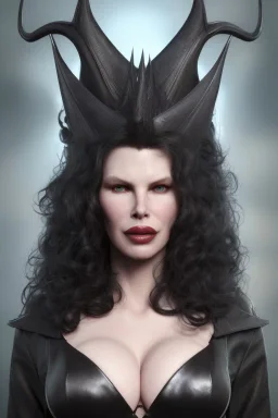 Kim Basinger as evil queen in black leather, busty, cleavage, curvy, angry, happy, stern look. character design by cory loftis, fenghua zhong, ryohei hase, ismail inceoglu and ruan jia. unreal engine 5, artistic lighting, highly detailed, photorealistic, fantasy