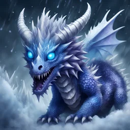 Bubblehorn Dragon with icy blue and icy violet scales covered in ice horns and many many spikes and big eerie blue eyes in Creepypasta style, best quality, masterpiece, flying in a hurricane