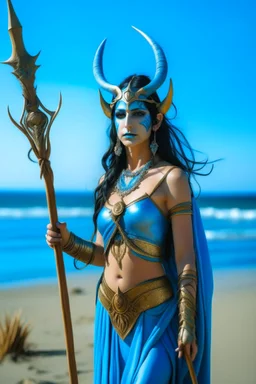 A picture of a beautiful blue faced indian goddess with skin painted blue, blue painted body, blue painted torso, wild black hair, stag antlers, elven ears, golden skirt, holding a staff on a sunny beach