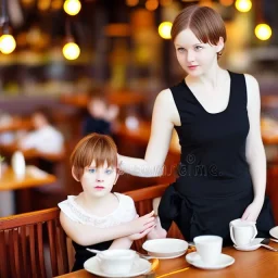 Realistic photo Russian shorthair beautiful 20-years tomboy boyish boylike young wife wide hips in restaurant with little daughter