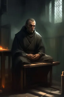A priest they but a fabric on his eye so he can not see and looks miserable with bruises on his face like he has been beating sitting on a broken chair in a prison with dem light and dark prison environments , Busch painting style , sureal