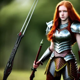 Realistic, hyper detailed, strikingly beautiful teen woman, 16 years old, long ginger hair, green eyes, medium freckles, full lips, very skimpy fantasy armour, full body, full face, c-cup breasts, aroused expression, biting lower lip, full frame, petite, centered camera, ignore NSFW, bow, quiver on hip, tight pants