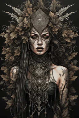 portrait vantblack pouring Acrylic an cyberpunk shaman woman extremely textured botanical-metal faced portrait with a voidcore metal gothica headdress with metallic filigree gothica ornaments around onix stones mineral stone metallic watercolour an black ink filigree silver voidcore shamanism foral ornaments plants and tree branches black ink on half face masque gothica filigree voidcore athmospheric organic bio spiral ökoart creepy stunning