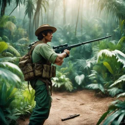 35mm film photography, [photorealistic art] a hunter with a rifle aiming at a Chilesaurus diegosuarezi. the boys in the jungle, high detail, vintage pellicule, film effect, dramatic dutch light