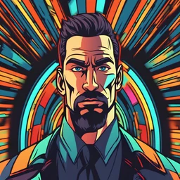 A man with masculine and strong features represents a successful, strong and unbreakable mentality He looks at the camera boldly , single man ,high quality , 8k , colorful , in animated cartoon style from 90's style