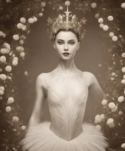 vintage photo of beautiful, stunning ballerina with white feather crown wrapped around head, glittery bodice, close-up half-body portrait, sepia, background of flowers, gauzy white curtains, candles, dreamlike, sepia photography, centered, 8k resolution, high-quality, fine-detail, intricate, detailed matte, volumetric lighting, photo-realistic, candles, translucent gown, illustration, 3D octane render, brian froud, howard lyon, selina french, anna dittmann, annie stokes, lisa parker, greg rutows