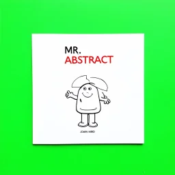 Mr. Men children's book aesthetic title text "MR. ABSTRACT" with a simple color drawing of a whimsical anthropomorphic abstract geometric constructivism reminiscent of Joan Miro, , composition in style of Roger Hargreaves, negative white space