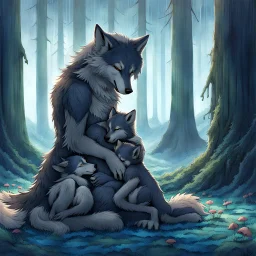 fantasy anime art from an gray bodyhair wolf female anthropomorphic wolf female hibrid kneeling hugs her two anthropomorphic wolf-kid hibrid child on field, in background tall trees wirh big trunks, rain, down on blue-green moss, hug each other , rainy day, high contrast, high detalied, atmospheric, fantasy, sci-fi mood