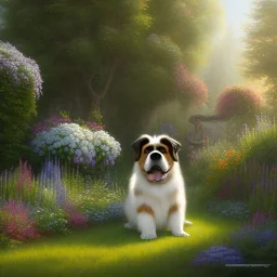 pixar style, volumetric summer garden environment and background, realistic painting of saint Bernard, looking excited, volumetric lighting, dramatic lighting, detailed digital painting, extreme dense and fine fur, anime, ornate, colour-washed colors, elegant, small minutiae, tiny features, particulars, centered, smooth, sharp focus, renderman gofur render, 8k, uhd, detailed eyes, realistic shaded volumetric lighting, sunlight caustics, backlight, centered camera view