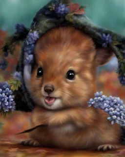 Whimsically Autumn Squirrel Wearing Auumn bonnet with flowers Cute and adorable style Sublimation clipart, detailed, isolated on white background.Centered image, full body length, 64K. Art by Rob Hefferan, and Reint Withaar