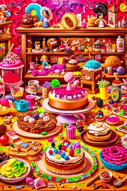 surrealistic image of toys baking and decorating delicious treats in a toy-sized bakery. You can have toy chefs decorating cupcakes, rolling out dough for cookies, and frosting cakes. Surround them with an assortment of mouth-watering pastries and candies.