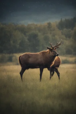 Elk in a field, 32k, UHD, Professional Photo -- Botany - Starry - Retro Pop - Dark Fantasy - Horror - Festive - Realistic - 32k, UHD, professional quality, 8 x 10 digital photograph