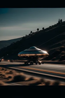 cinematic photo of a stunning spaceship landed in California highway