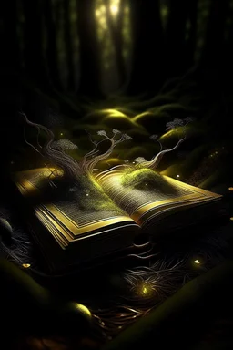 a gloomy mystical forest a magical book lies open, light comes out of it in the form of small golden dots shining golden highlights and grass sprouts branches everywhere a lot of swamp lights haze, Gothic, fantasy, detail, professional photo, detailed drawing, transparency, horror, hyperdetalization, full view, a very beautiful book. beautiful Gothic font