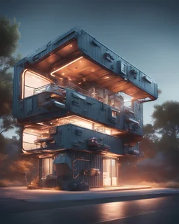 Futuristic Container house, 3d render, vray, uhd, detailed, hdr, 8k, photorealistic, dramatic lighting, hawken graphic design gadget wires abstract 3d hitech technological HAWKEN photorealistic uhd 8k VRAY highly detailed HDR