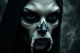 Darkness is sometimes a moment of gate into another diemnsion. The shadows rising from the depths are not merely terrifying; they are the offspring of our minds, shapes the unknown . darkness in my soul looking me, close up crepy portrait from crepy queen of darkness, black eyes, death woman-like creature phantom, portrait, shadows, dark, surreal, thiller, background storm in vortex, onix, bones, marble, etheral, intricate details, sharp focus, dark fantasy