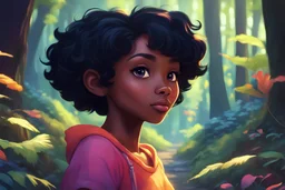 Garota negra, cabelos curtos pretos, linda, animação Disney na floresta, cores vibrantes, cinematográfico