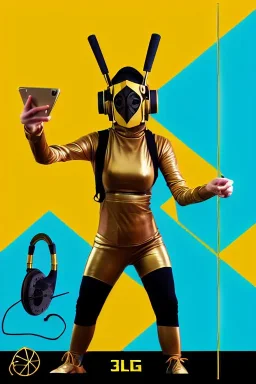 Geometric 3D tiling and cinnamon on the background. Bronze color, Yellow, Black Cyan photograph Cyber-punk, full-mask, AKG-style big headphones, golden rings & disc, fencing mask. Selfie archer. Asa Akira, lightly armored, electronic circuits. Thick tights, thick calves, bend fell, wide hip, flat belly. Ancient artifact attached. Perfect body. Daft Punk, Tron Movie. Matrix movie clothes, Silver leather area, tippet, latex. Wicked sneakers. 1990's, old telephone microphone. Surreal. Haute Couture