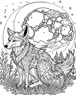 A fox looking up at the moon. coloring page adult