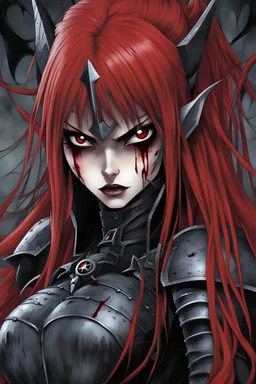 Boichi art, kazuma kaneko ART, a vampire girl, vampire teeth, angry face looking at the camera, wearing a armor, blood in her face, long red hair, white eyes, Black nails, inside of an Elden castle, close up on her face