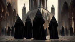 hooded monks in black robes in front of cathedral