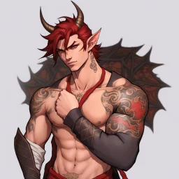 A Young Adult Male. A unique blend of Wood Elf and Red Tiefling features. His handsome face contrasts with the Yakuza dragon tattoos that completly cover his back, arms, and legs. He is wearing a torn coat. A physique that is strong and well-built, resembling a Fighter.