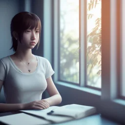 female student studying by the window, anime style, unreal engine 5, cinema4d, sun light, studio lighting --ar 1:1 --v 4