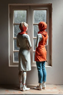 Two of Maniquí de pintura Artist mader made of white milky texture standing alone by the window