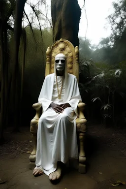 portrait of tall god looks like human but 4 times bigger than normal humans with shining eyes in aba, clothes like Arabs in jungle. Their face is covered in white shall only their eyes are out. Sitting on a stone chair by Dali