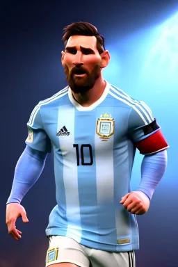 Realistic Messi Argentina soccer player Portrait, mid shot view, epic, god lights, concept art, art station, 3d, photo studio, blue clean background, unreal engine 5, ray tracing, RTX, lumen lighting, ultra detail, volumetric lighting.