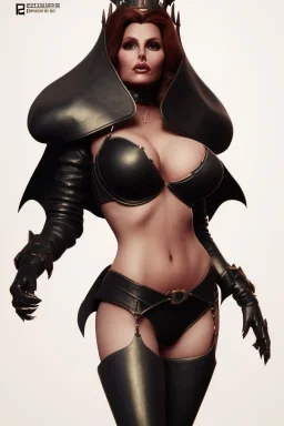 Raquel Welch as evil queen in black leather, leather, busty, cleavage, angry, stern look. character design by cory loftis, fenghua zhong, ryohei hase, ismail inceoglu and ruan jia. unreal engine 5, artistic lighting, highly detailed, photorealistic, fantasy