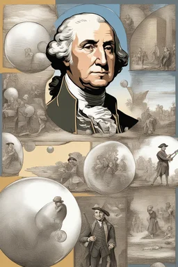 "Create an imaginative scene depicting George Washington with a bubble-like face on the verge of popping, surrounded by an air of suspense and anticipation."