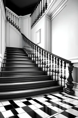 "Create a 2D illustration of a black-and-white staircase, reminiscent of a chessboard. Eliminate perspective, giving the steps a flat appearance. Despite their uniform look, infuse each step with subtle variations or surprises. Craft a visually engaging composition that plays with the deceptive nature of the stairs in this intriguing, perspective-free design."