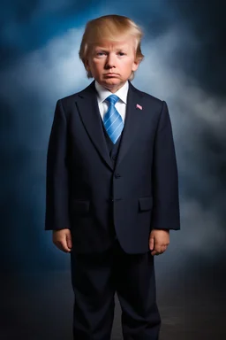 facial portrait - 10-year-old Donald Trump is posing for his school picture - wearing a three-piece suit - Sparkling, Sky blue Background, professional quality studio 8x10 UHD Digital photograph by Scott Kendall - multicolored spotlight, Photorealistic, realistic stock photo, Professional quality Photograph. colored Fog