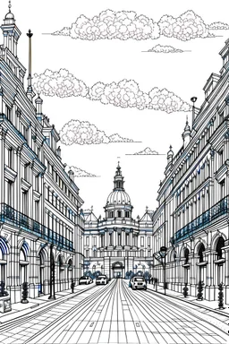 Paseo del Prado, Madrid street ,Line Drawing, A classic black-and-white line drawing style with intricate details and clean lines. The streets are depicted with precision, capturing the architectural diversity . The drawing will be realized as a traditional pen and ink illustration, with fine-tipped pens used for precise linework and shading